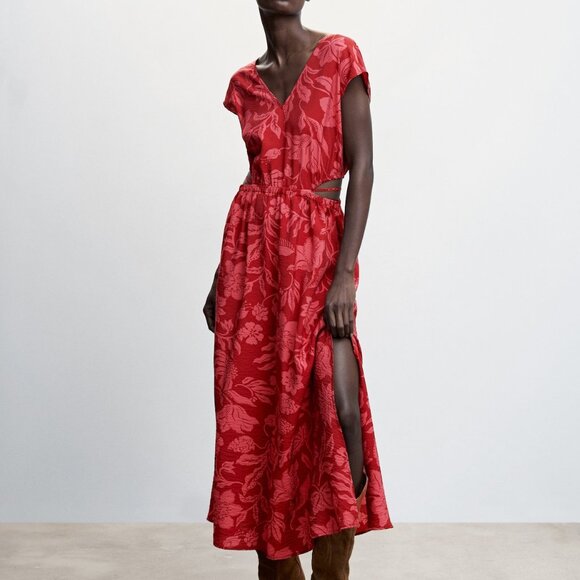 NWT Mango Side Slit Dress size 2 / XS - Floral Tropical Print Red Burgundy - Picture 1 of 13